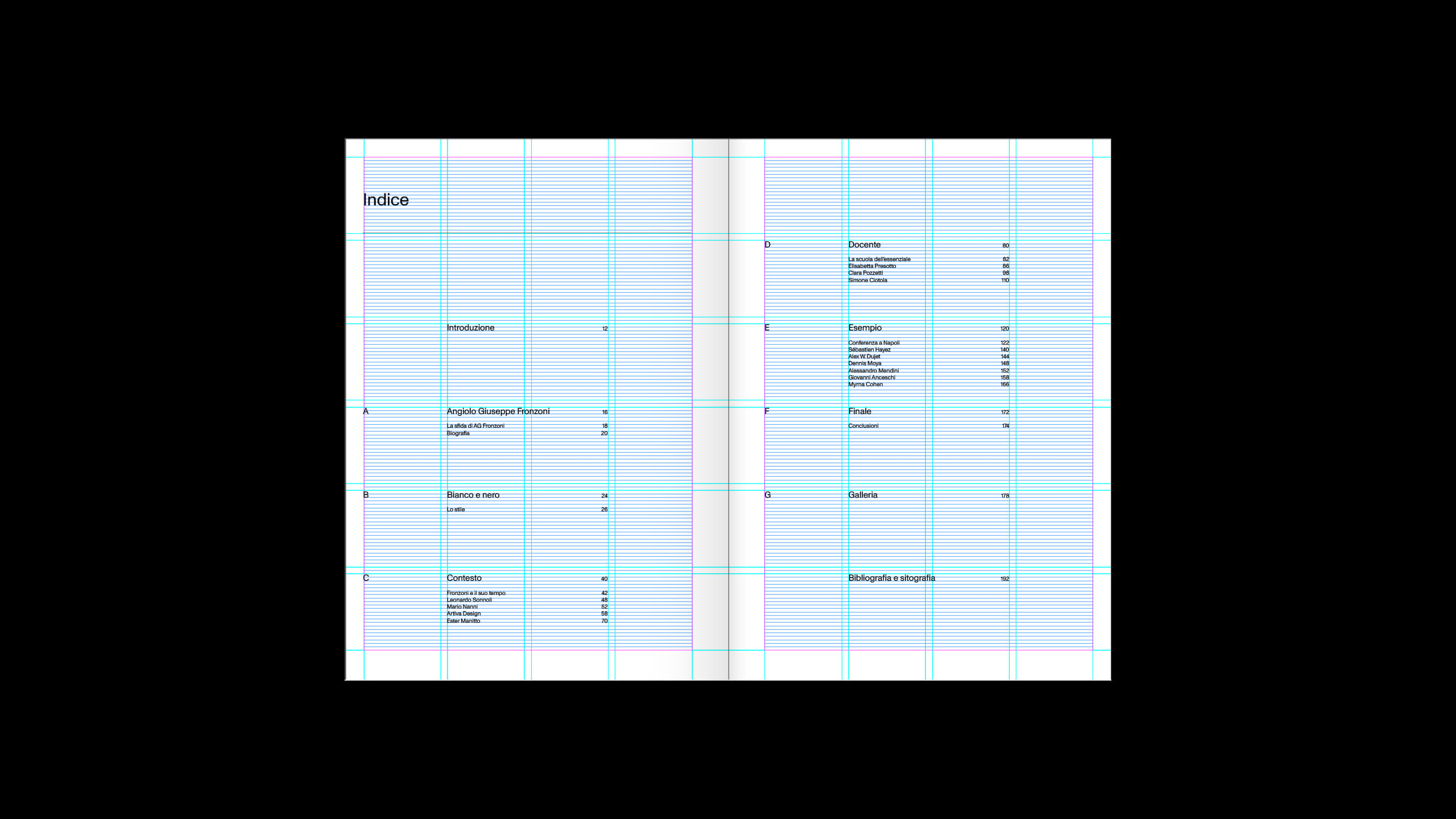 Indice del libro con griglia di costruzione della pagina